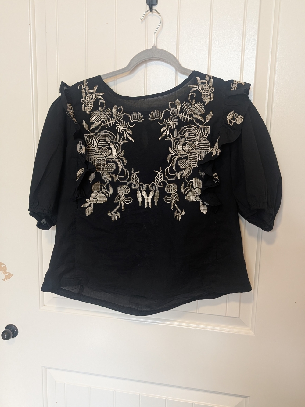 Anthropologie Solitaire Black Blouse with White Embroidered Floral Detail